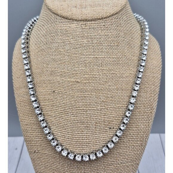 Silver Tone High Quality Crystal Tennis Style Necklace Long 20" Collar Formal - Picture 3 of 7